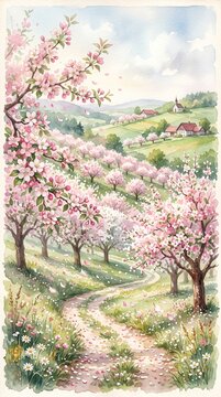 A serene watercolor painting depicting a picturesque spring landscape with a dirt path winding through a blooming cherry orchard, leading to a distant village nestled among rolling green hills.