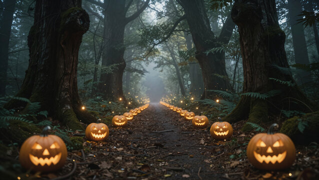 Enchanted dark forest path illuminated by floating glowing halloween pumpkins