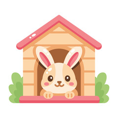 Obraz premium A white rabbit sitting inside a small pink-roofed house.