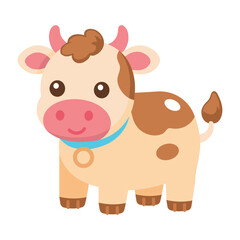 Obraz premium A small spotted cow standing with a blue collar.
