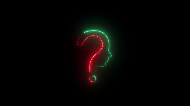 Dual-colored neon question mark human head profile red and green on black background silhouette