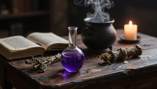 Witch potion bottle glowing purple on wooden alchemy table with magic smoke