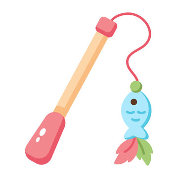 A pink wand toy with a dangling blue mouse and feathers.