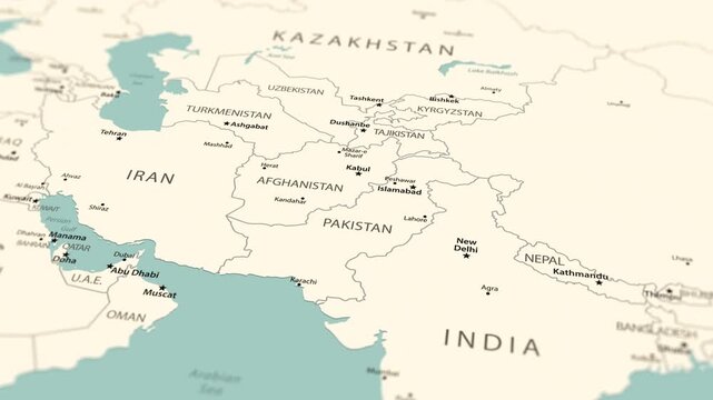 India. Political map of South Asia with a smooth zoom toward India and the Bay of Bengal.