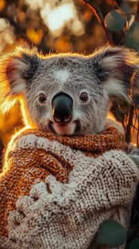 Cozy koala wrapped in knitted blanket. Golden light warms the scene softly. Koala gazes with gentle, curious eyes. Fuzzy ears and nose stand out in warmth. Background shows blurred eucalyptus leaves