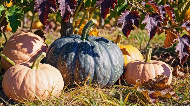 A slate blue pumpkin commands a ring of blush and ochre companions beneath wine colored leaves, combining dramatic sunlight, speckled rinds and garden shadows in a richly toned harvest vignette