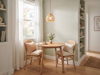 Fototapeta premium Small Scandinavian Dining Nook with Round Wood Table and Sage Wall