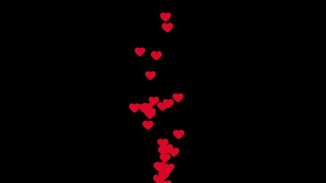Valentines day red hearts icon floating up in black background. Love explosion overlay, Romantic red heart particles flying background animation. love hearts rising up, valentine's day love heart.