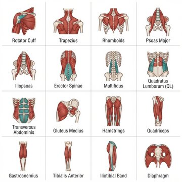 Grid displays various muscles of the human body, focused on anatomy related to sports injuries and physiological function