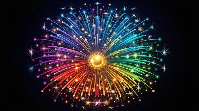 虹色の花火が中心から繰り返し放射する鮮やかなループ動画