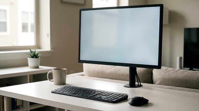 Minimalist home office setup featuring a computer monitor with a blank white screen, a keyboard, a mouse, and a coffee mug on a white desk