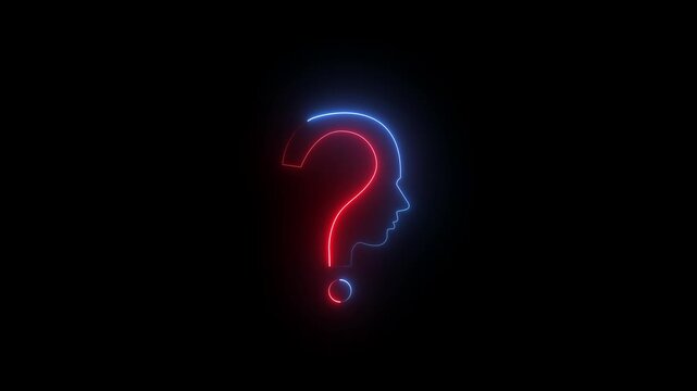 Dual-colored neon question mark human head profile blue and red on black background silhouette