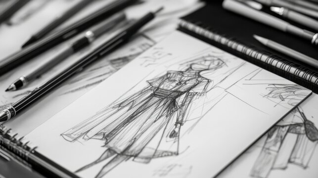 Fashion Designer Sketching a New Dress Design in a Sketchbook
