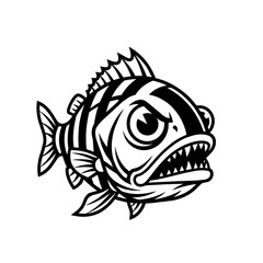 Fototapeta premium Fierce Piranha Fish with Open Mouth Teeth Black and White Vintage Vector Illustration