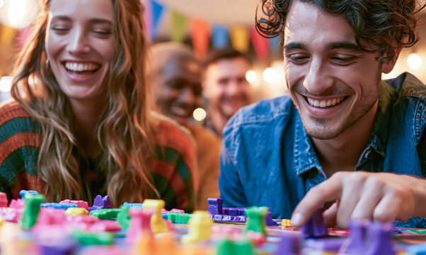 Group of friends play board games at a wooden table engaging in figure, board, cards in a lively indoor leisure scene.