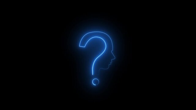 Glowing blue neon question mark shaped like a human head profile on black background silhouette
