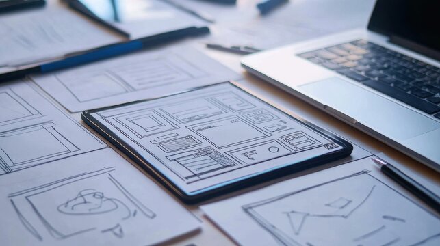UX UI Design Sketching Process on Tablet and Paper