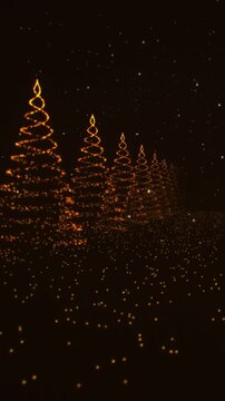 Christmas tree line of orange glowing particles in a vertical 3D render with falling snow and glitch effects for holiday mobile backgrounds