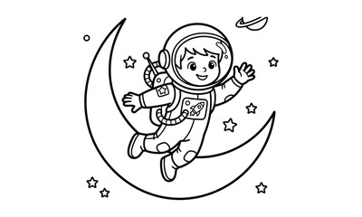Cute boy astronaut sitting on a crescent moon coloring page with starry space and planet. Black and white outline for kids coloring book, activity sheet and printable worksheet.