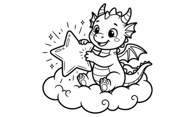 Naklejka premium Cute baby dragon sitting on a fluffy cloud holding a shining star coloring page. Black and white outline illustration for kids coloring book, activity sheet and printable worksheet.