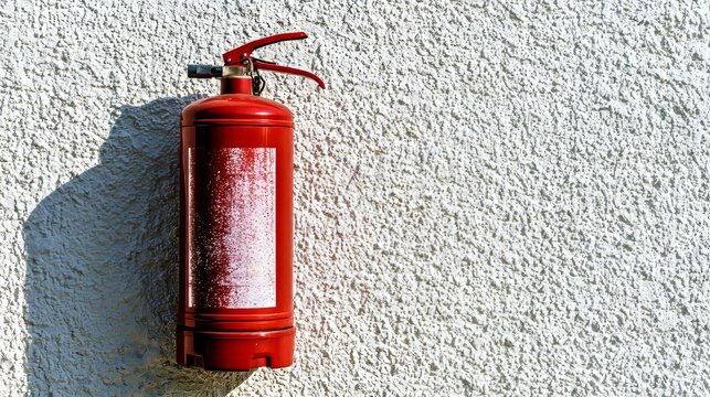 Red fire extinguisher mounted on white wall, representing fire safety equipment, emergency preparedness, protection, prevention, workplace security, readiness for responding to potential fire hazards