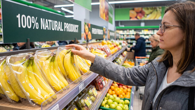 Woman selecting fresh bananas at natural product display for organic grocery shopping and healthy food choice