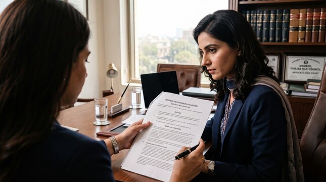 Two female legal professionals discussing court document in law office