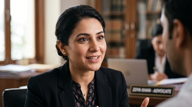 Female lawyer explaining legal clause to client during office consultation