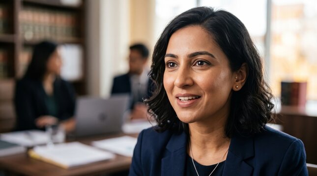Asian female lawyer smiling during team meeting in corporate conference room