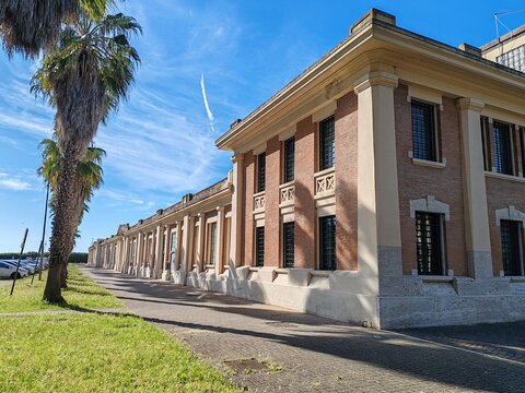 Ostia Rome, Italy - August 10, 2026, perspective view of Cineland, a large multiplex cinema located in Lido di Ostia, Rome, created from the renovation of an old industrial plant.