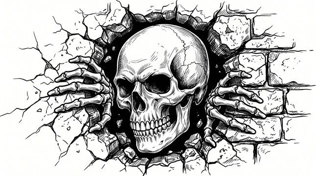 Black and White Skull Pushing Through Wall with Hands
