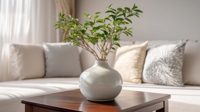 Ceramic porcelain vase with lush green plant decoration on wooden table in modern living room interior, natural greenery, elegant home decor, minimalist styling, cozy indoor atmosphere, contemporary l