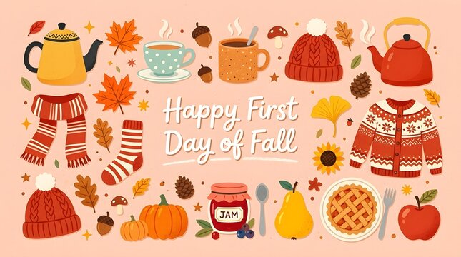 Cozy autumn season illustration with pumpkins, fall leaves, warm drinks, knitted clothing, seasonal fruits, pie, sunflower, and festive elements celebrating first day of fall