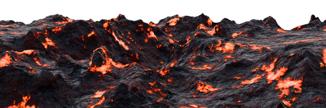 Volcanic lava terrain isolated on transparent background. 3d render of glowing magma and dark rock landscape for game environment, VFX, and sci-fi composition