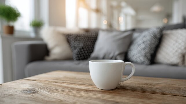 Modern white living room interior with a wooden coffee table, elegant cup, gray sofa with decorative graphic pillows, soft blurred foreground, minimalist home decor and cozy contemporary interior desi