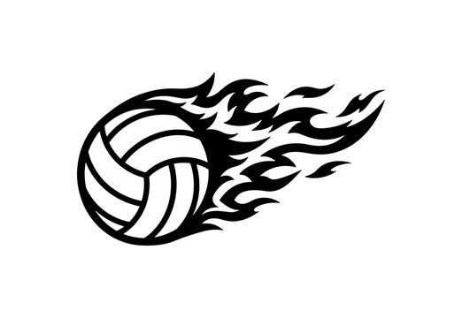 Volleyball in flames, dynamic illustration symbolizing intense competition and high-energy sports action.