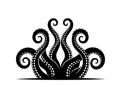 Stylized black octopus with multiple tentacles emerging and curling upwards, representing power and the deep sea.