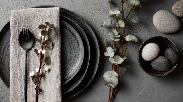 Elegant table setting on grey background, flat lay with sophisticated dining arrangement, stylish tableware, plates, cutlery, glasses, decorative elements, modern dining decor, refined hospitality con