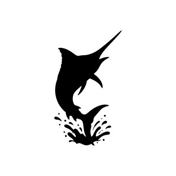 Dynamic silhouette of a marlin leaping from splashing water, representing sport fishing and the power of the ocean.