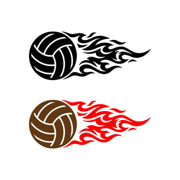 Two volleyballs with fiery trails, one black and one brown, symbolizing intense competition and energetic sports play.