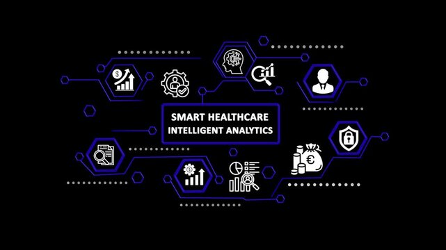 Smart Healthcare Intelligent Analytics Animation with Business Technology Icons 4K Motion Graphics.