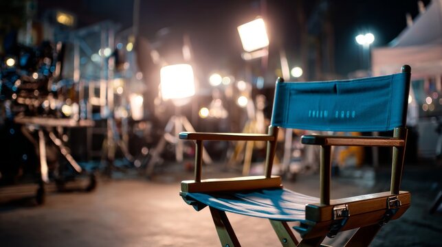 Empty director's chair on a professional film set with studio lighting, camera equipment, and production gear for movie and television production