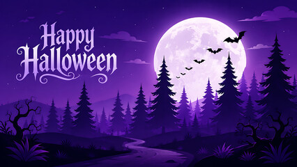 Fototapeta premium A purple halloween landscape features a large moon silhouetted trees and bats in flight october autumn fall night forest