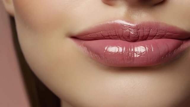 Glossy Pink Lip Closeup on Smooth Skin, Soft Light Beauty Makeup Portrait