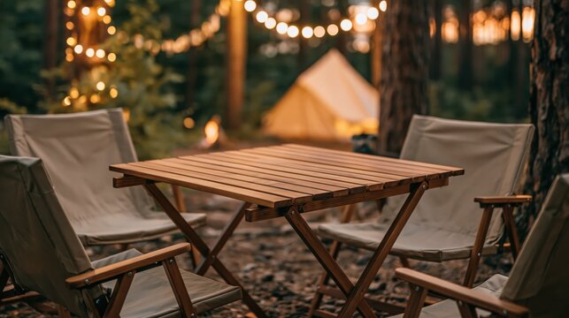 Clean product style camping scene focused on a wooden table and chairs in the forest