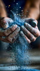 Fototapeta premium Blue glitter dust cascading from hands, a shower of celestial light