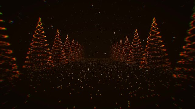 Christmas tree trail rendered with golden orange glitch particles in a wide 3D animation with lens distortion for holiday intro backgrounds