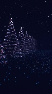 Christmas trees of blue glowing wireframe particles in vertical layout with chromatic glitch distortion for holiday video backgrounds