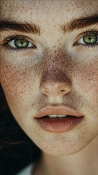 A young girl's face with prominent brown freckles, close to the camera, looking at the viewer.