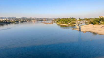 Fototapeta premium record low level of Danube River in Novi Sad, seen from above